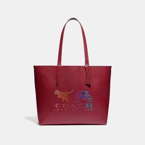 ✨RARE✨ 🌈COACH🌈 Highline Tote With Rexy And Carriage In Brass/deep Red Multi